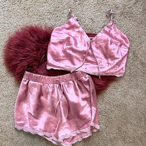 Fashion Nova Pink Satin Lace Pajama Set – Medium